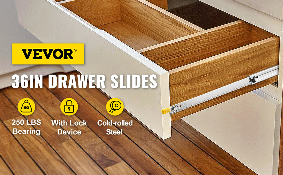 VEVOR heavy duty drawer slides with lock device, 250 lbs bearing capacity.