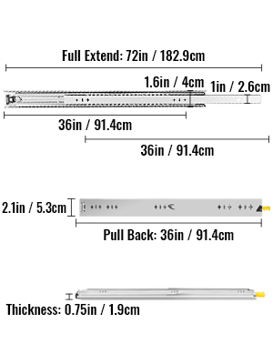 VEVOR heavy duty drawer slides with 72in full extension and 0.75in thickness.