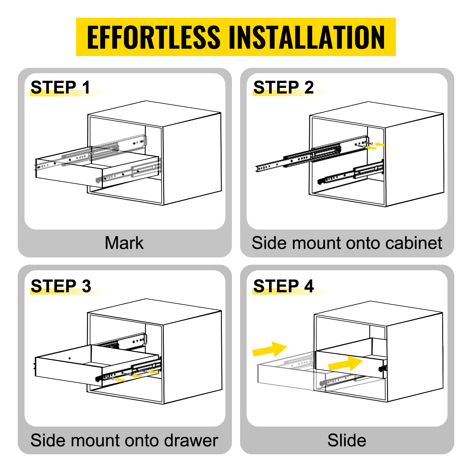 effortless installation of VEVOR heavy duty drawer slides in four simple steps.