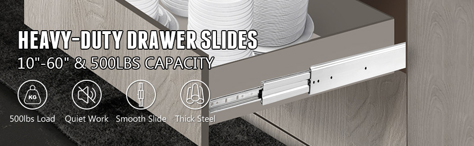 VEVOR heavy duty drawer slides with 500lbs capacity and smooth, quiet operation.