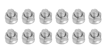 ten metal hex nuts in two rows against a white background