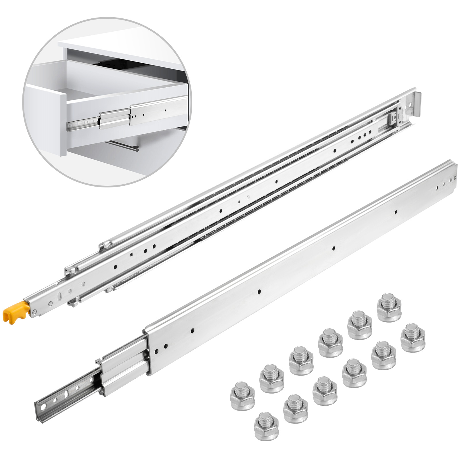 VEVOR heavy duty drawer slides with nuts and side view of open drawer.