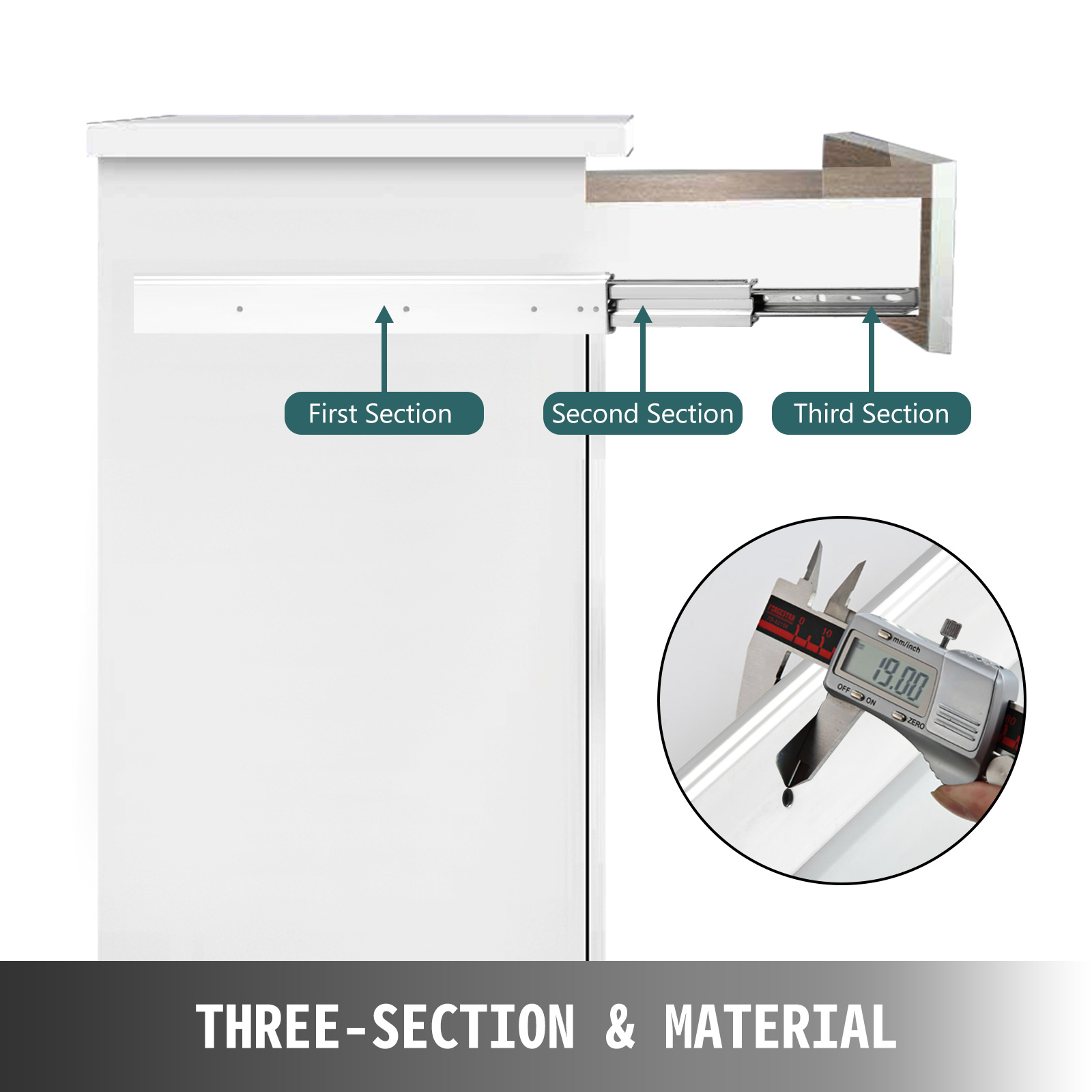 three-section VEVOR heavy duty drawer slides with a digital caliper measuring 19mm thickness.