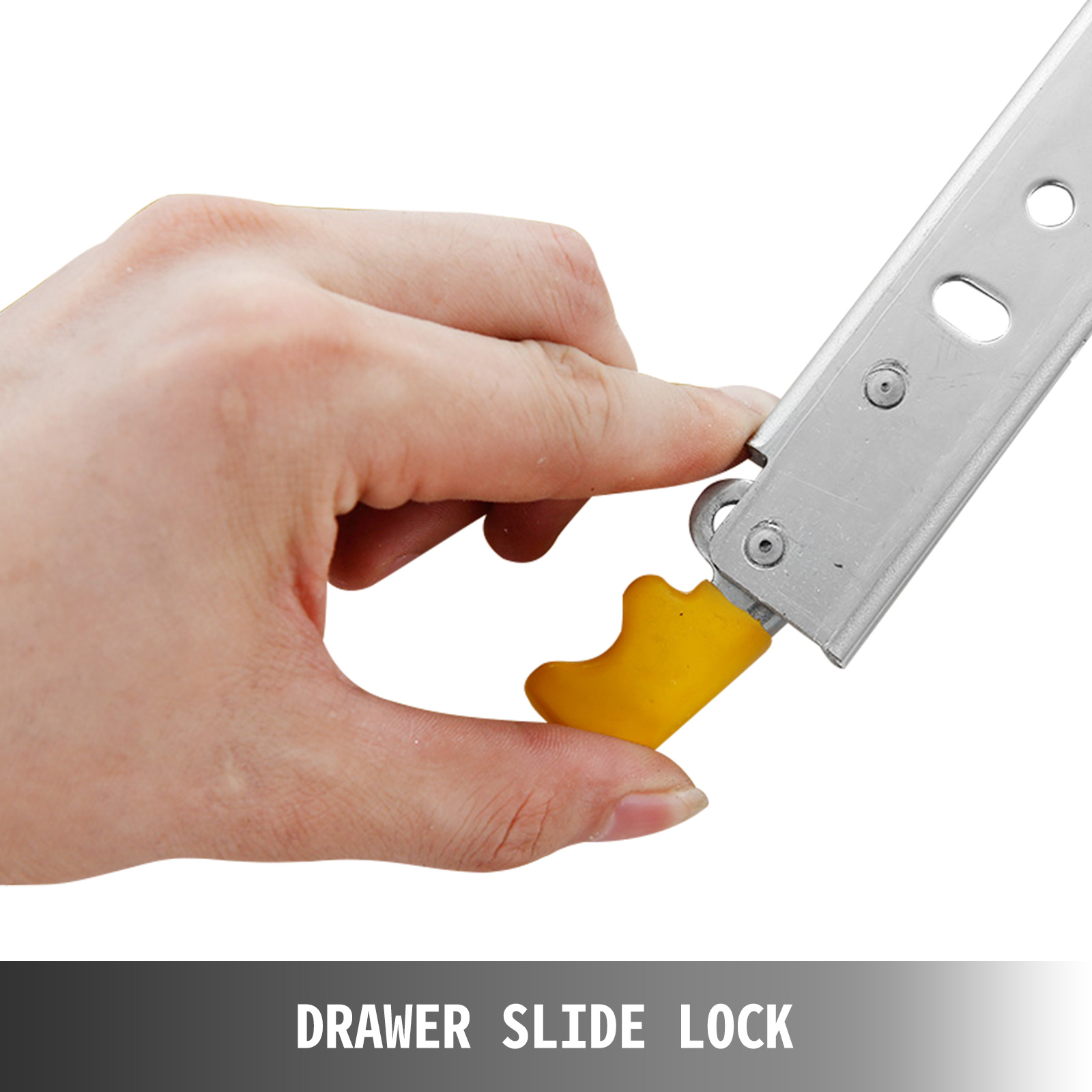 hand demonstrating a VEVOR heavy duty drawer slide lock mechanism.