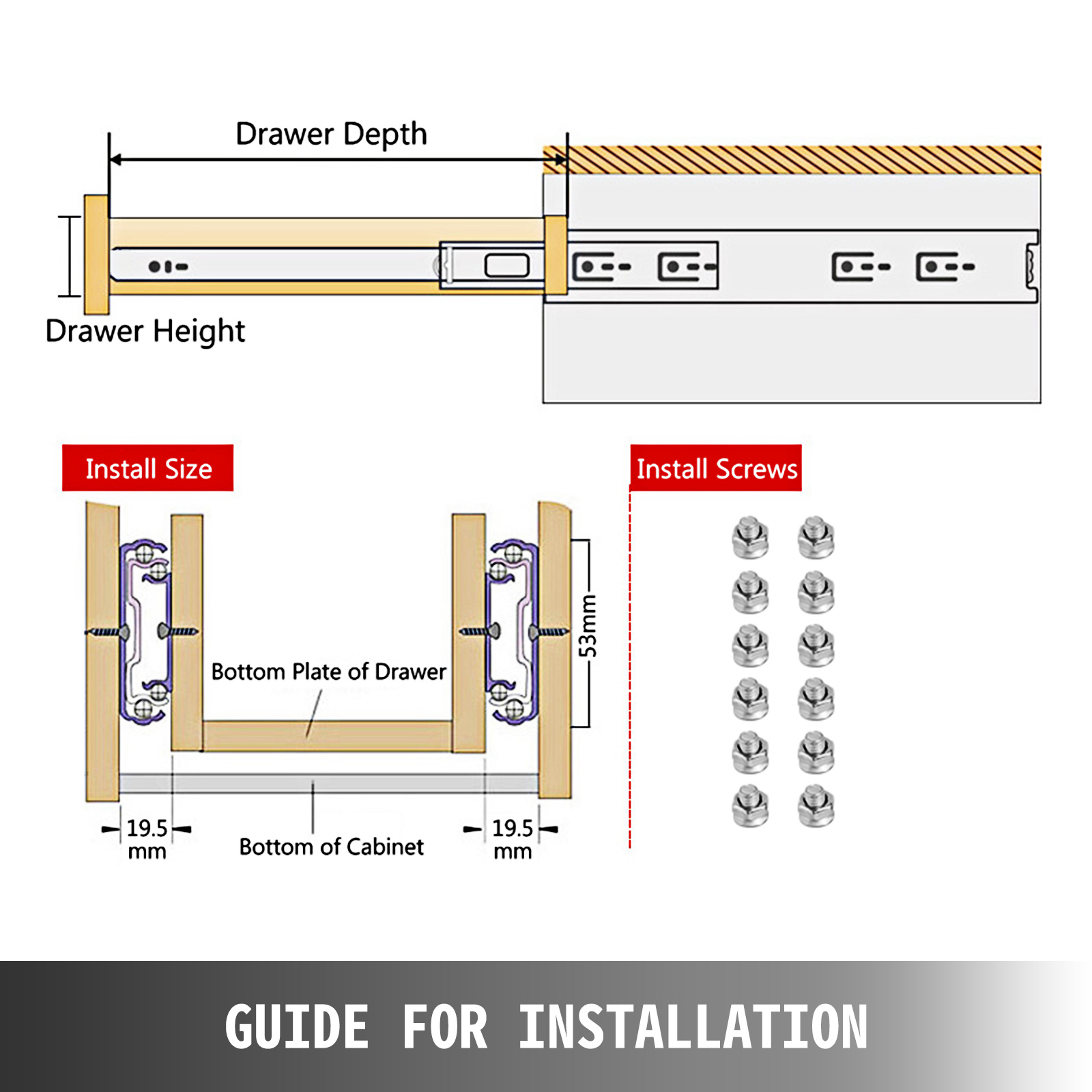 installation guide for VEVOR heavy duty drawer slides including dimensions and screws.