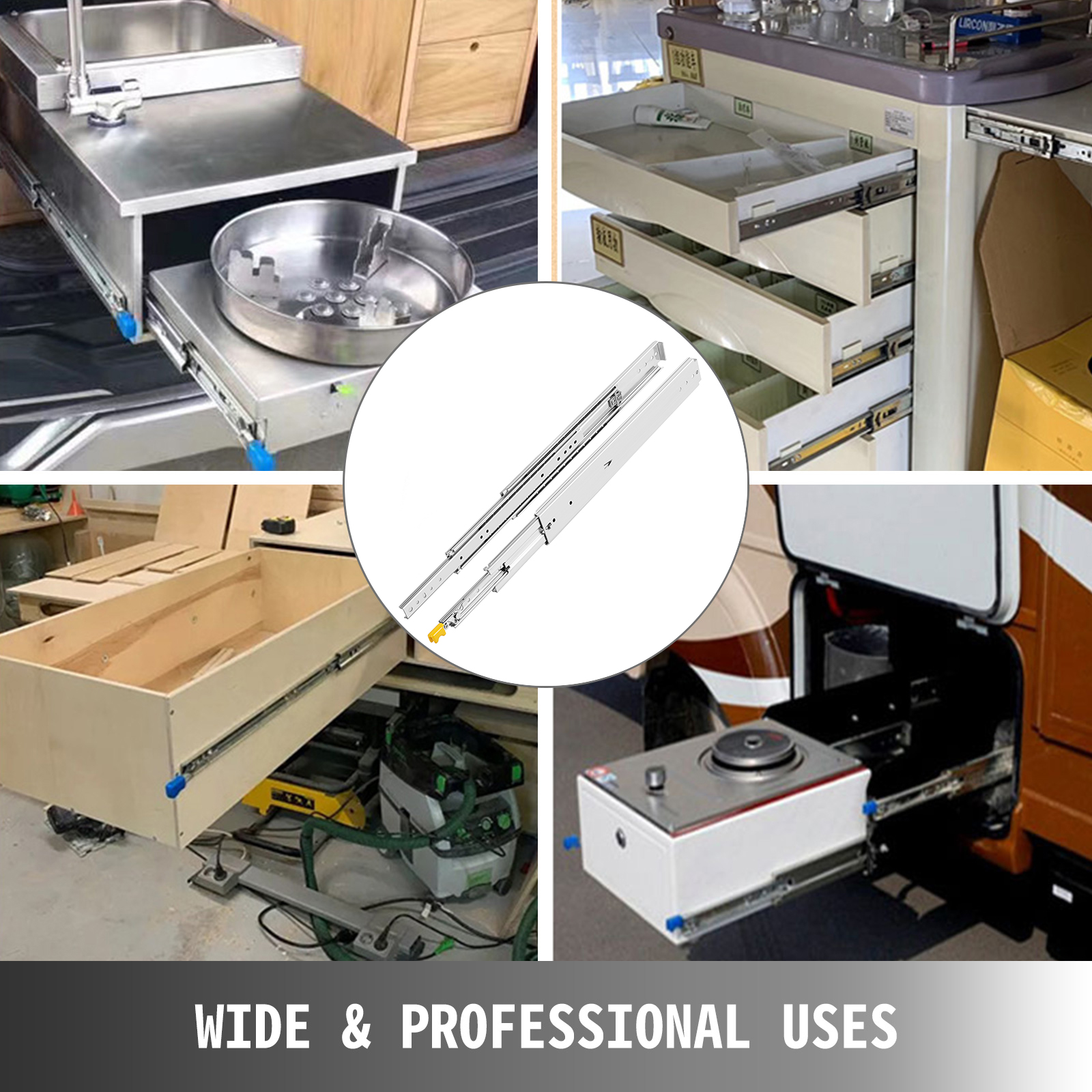 VEVOR heavy duty drawer slides used in kitchens, toolboxes, and rv compartments.