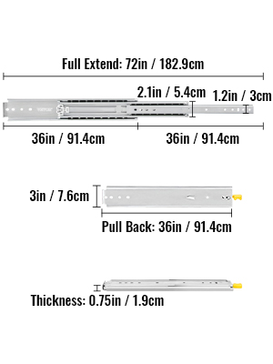VEVOR heavy duty drawer slides full extend 72in, with 36in pull back, thickness 0.75in