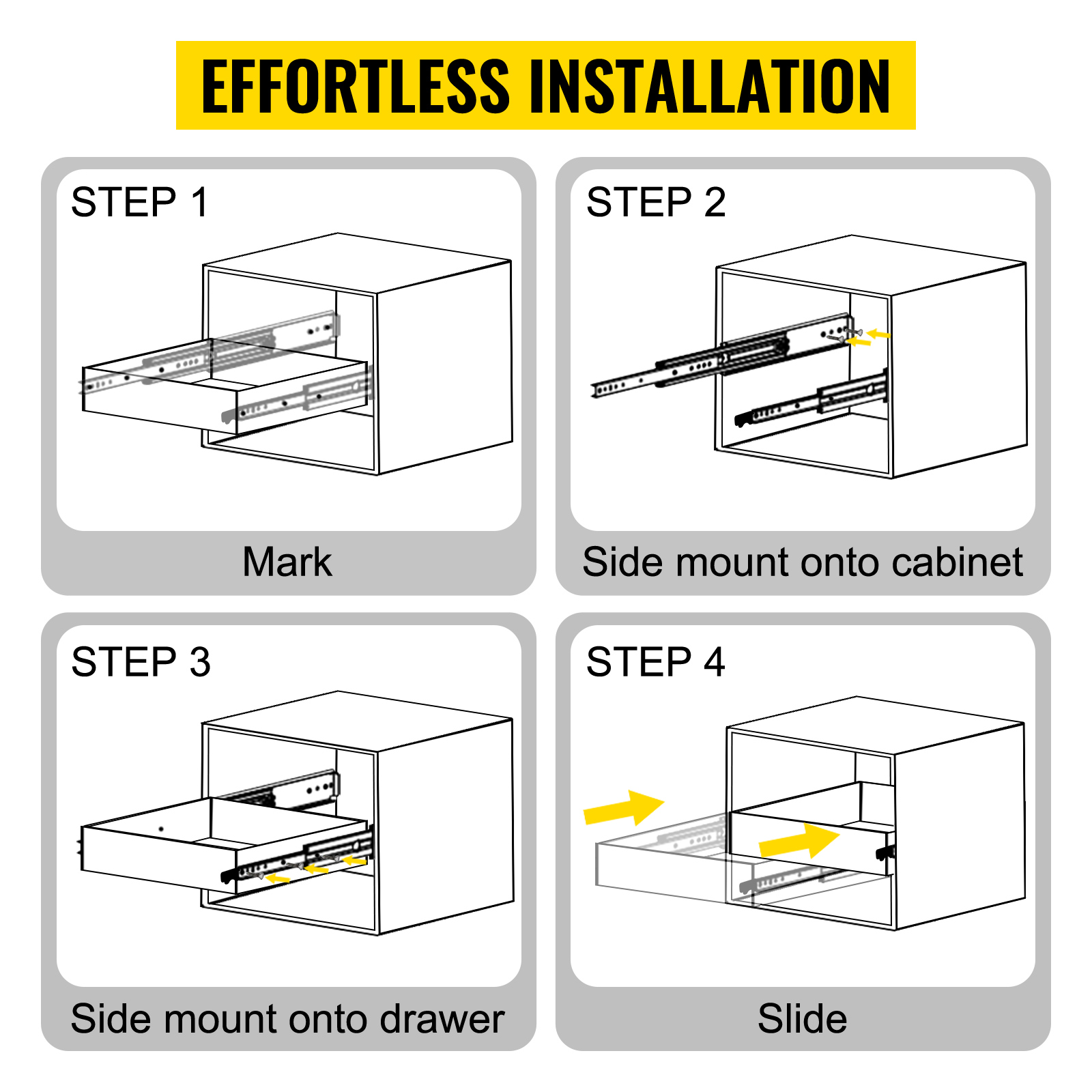 effortless installation steps for VEVOR heavy duty drawer slides.