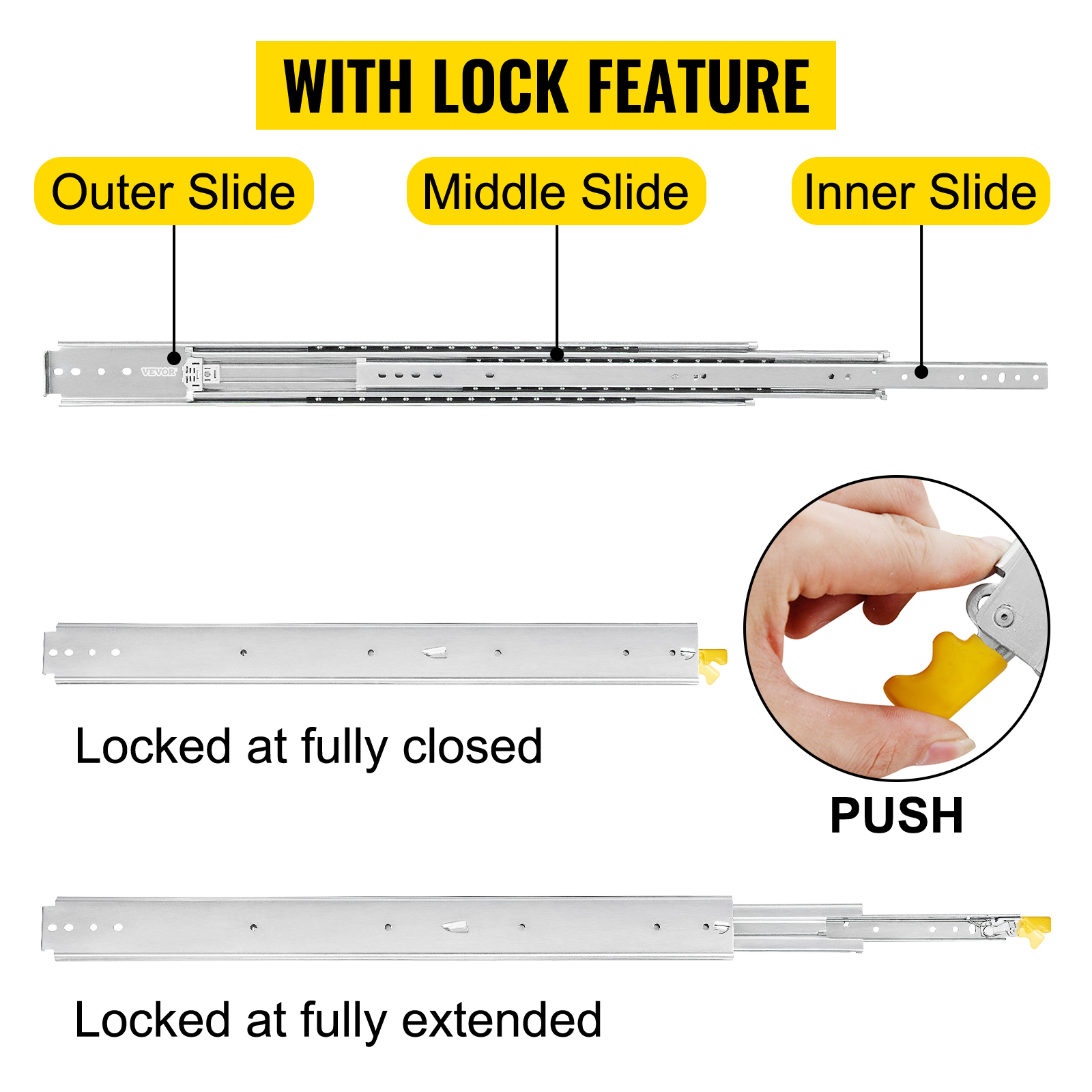 VEVOR heavy duty drawer slides with lock feature, showing various locked positions.