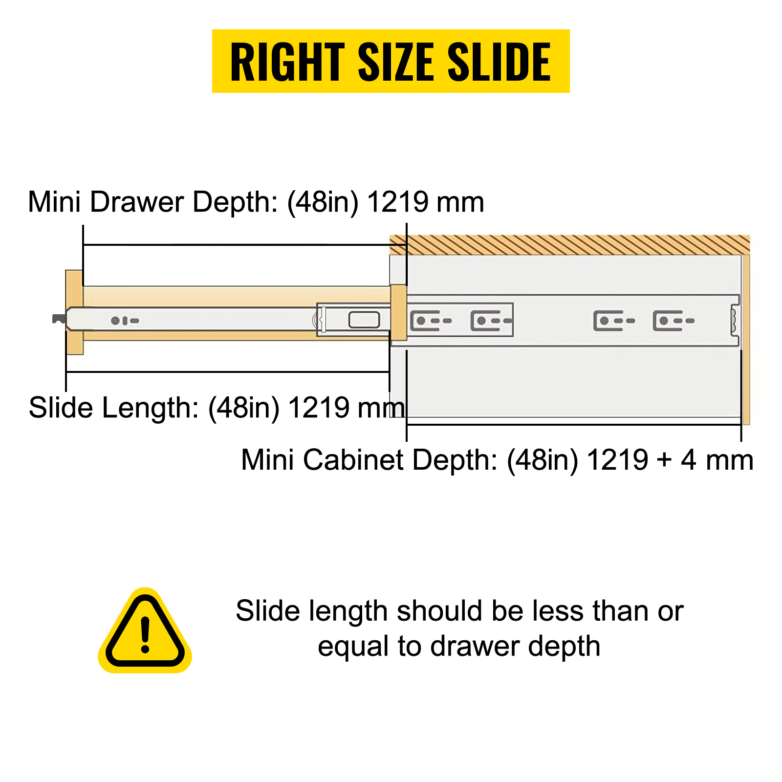 right size slide diagram showing VEVOR heavy duty drawer slides measurements.