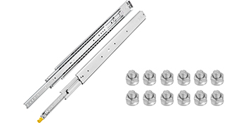 VEVOR drawer slides with screws arranged beside them on a white background.