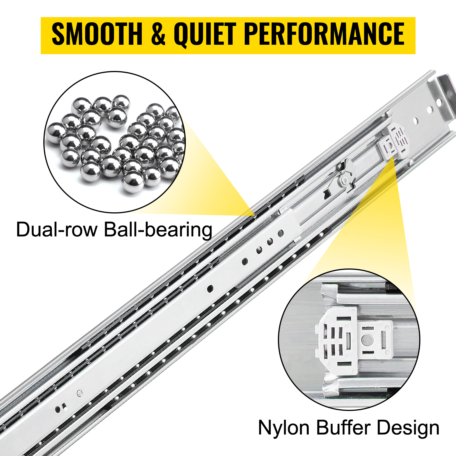VEVOR drawer slides with dual-row ball-bearing and nylon buffer for smooth performance.