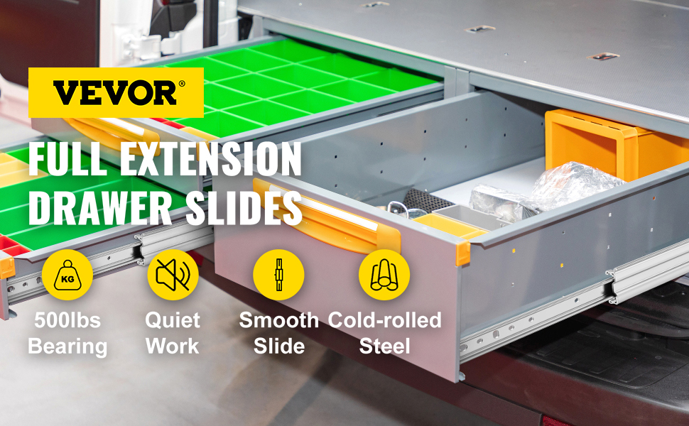 VEVOR drawer slides with full extension, 500lbs bearing, quiet work, smooth slide.