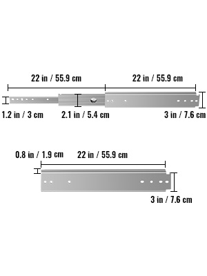 VEVOR drawer slides in various sizes and measurements in inches and cm.