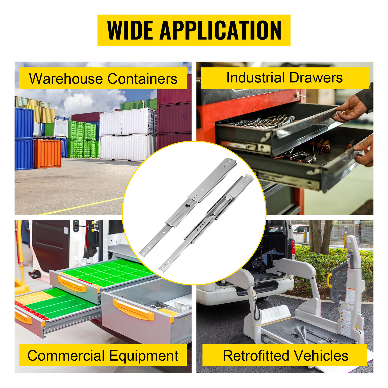 VEVOR drawer slides for warehouse containers, industrial drawers, commercial equipment, and retrofitted vehicles.