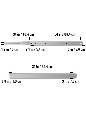 VEVOR drawer slides measurements: 34 in/86.4 cm length, 1.2 in/3 cm height.