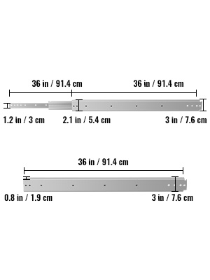 VEVOR heavy duty drawer slides, 36 inches, with detailed measurements in inches and cm.