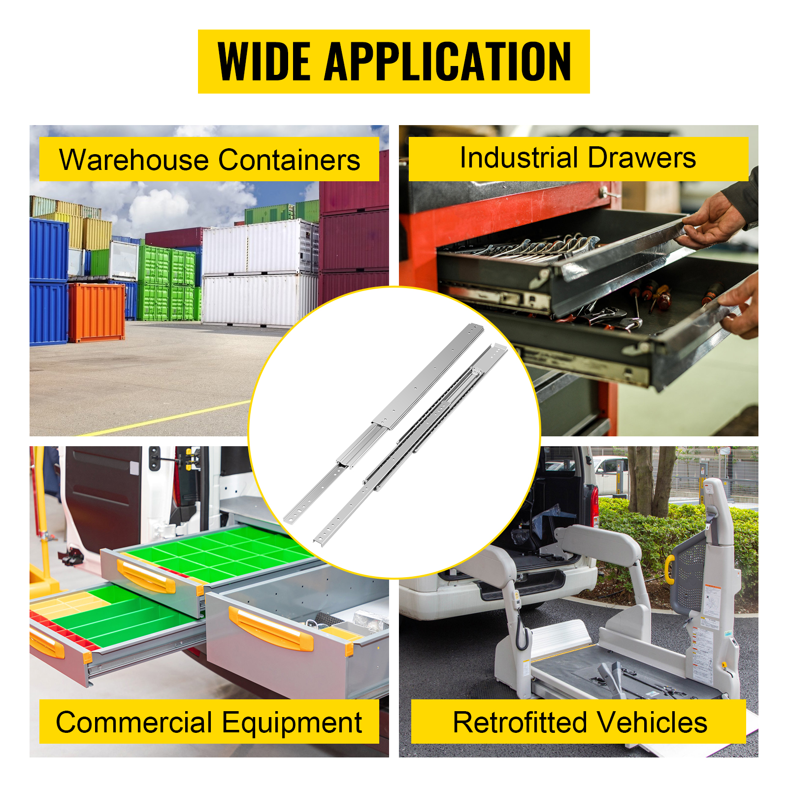 VEVOR heavy duty drawer slides for warehouse containers, industrial drawers, commercial equipment, retrofitted vehicles.