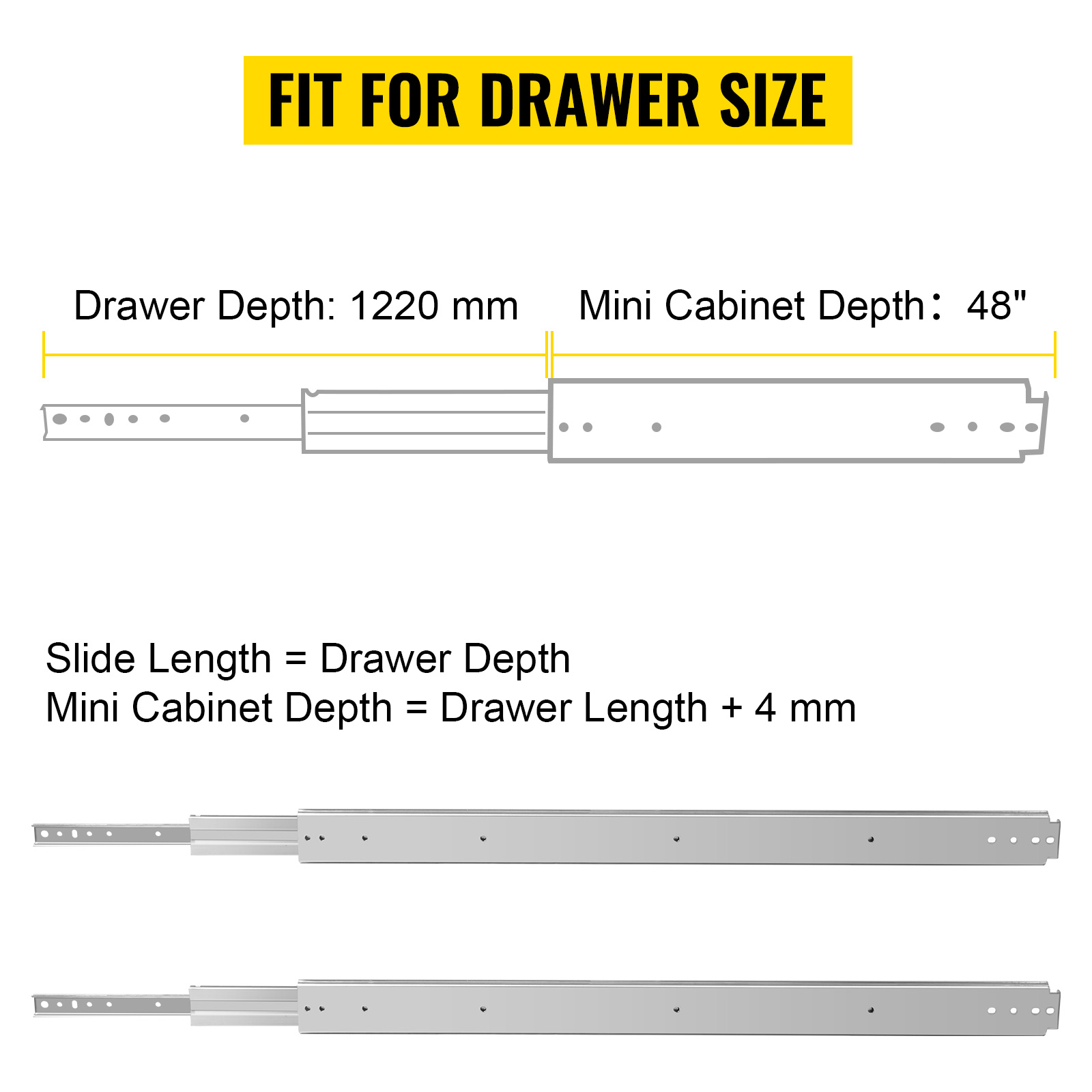 fit for drawer size diagram detailing VEVOR drawer slides with measurements and instructions.