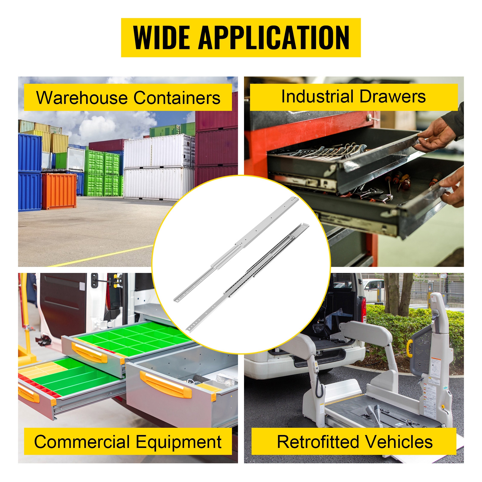 VEVOR drawer slides used in warehouse containers, industrial drawers, commercial equipment, and retrofitted vehicles.