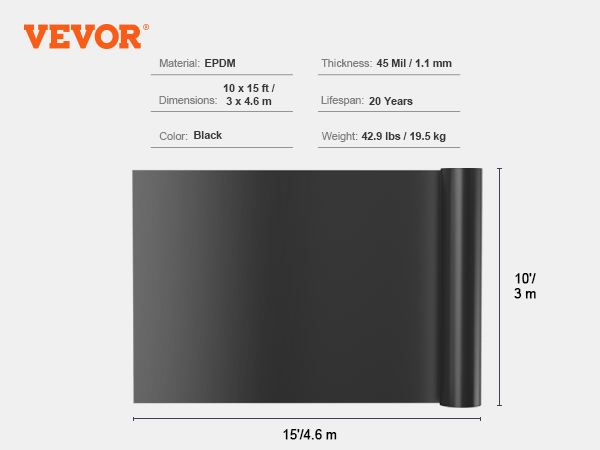VEVOR dīķa oderējums epdm 10x15ft, 45 mil biezs, melns, ar 20 gadu kalpošanas laiku.