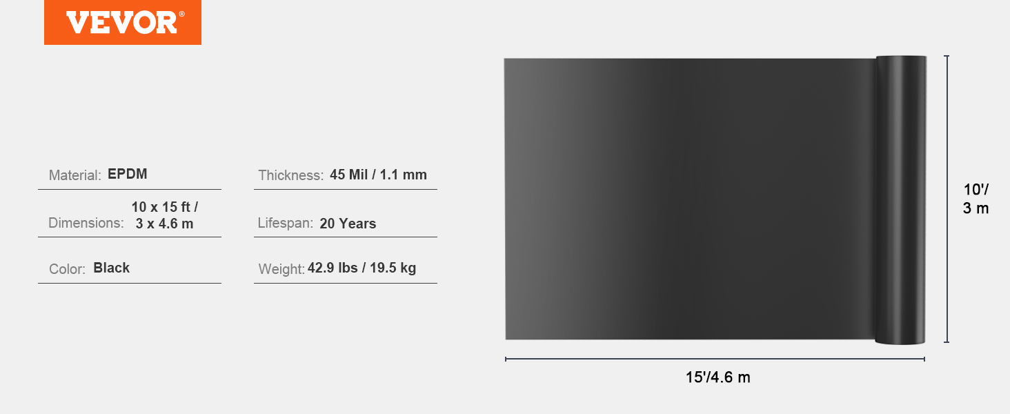 VEVOR dīķa oderējums epdm 10x15ft, 45 mil biezs, melns, ar 20 gadu kalpošanas laiku.