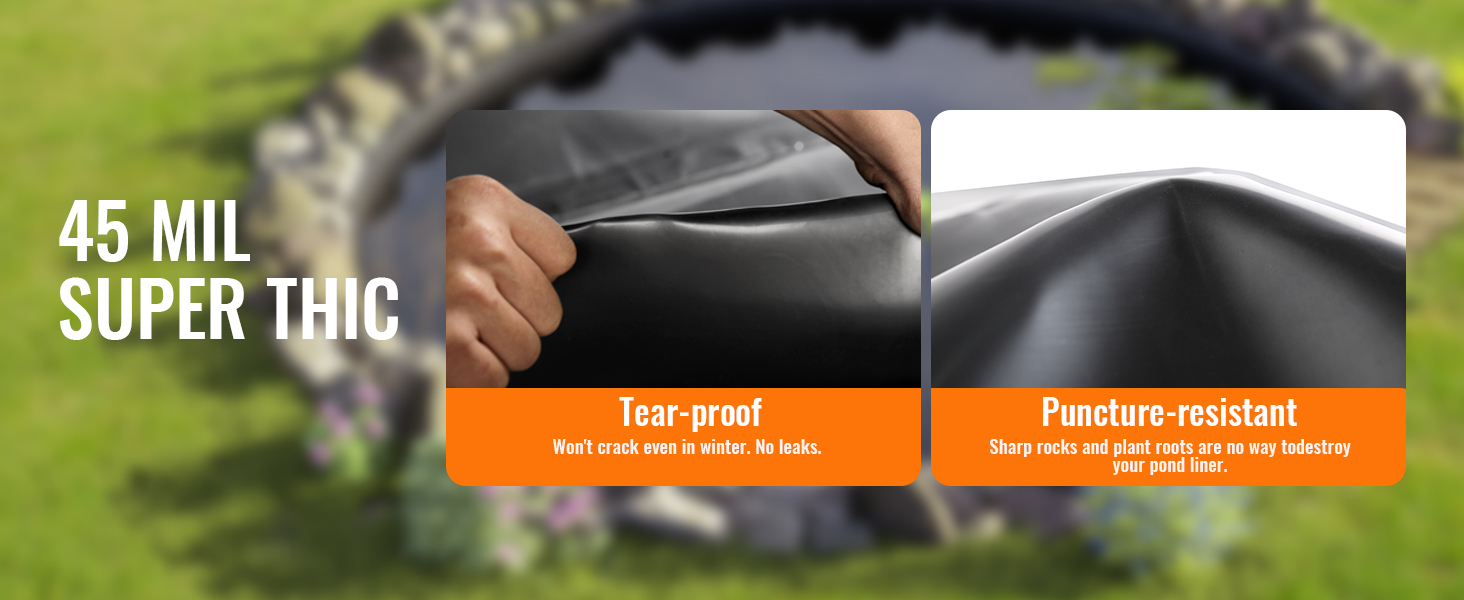 VEVOR dīķa oderējums 45 mil, izturīgs pret plīsumiem un caurduršanu, izturīgs pret akmeņiem un saknēm.
