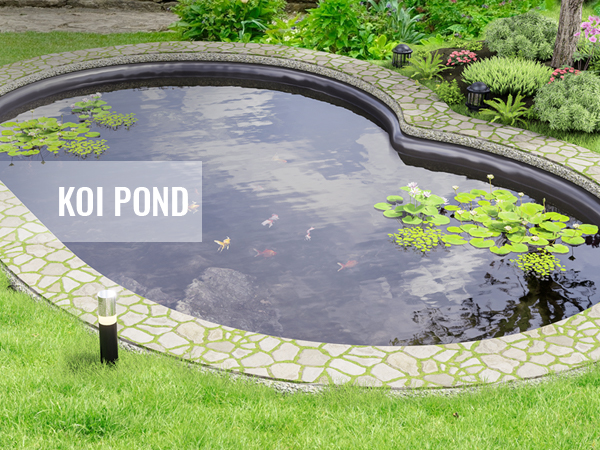 Koi karpu dīķis ar ūdensrožu lapām un zaļumiem, izklāts ar VEVOR dīķa oderi, ieskauj labiekārtots dārzs.