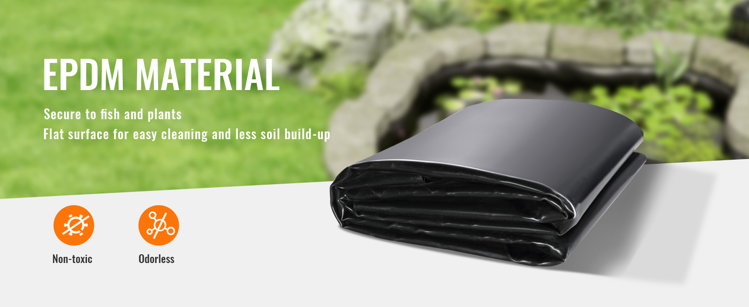 VEVOR dīķa oderējums, kas izgatavots no epdm materiāla, netoksisks un bez smaržas, ideāli piemērots zivīm un augiem.