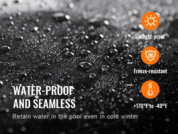 Ūdensizturīgs VEVOR dīķa oderējums, UV staru izturīgs, salizturīgs, izturīgs temperatūrā no +70°F līdz -40°F.