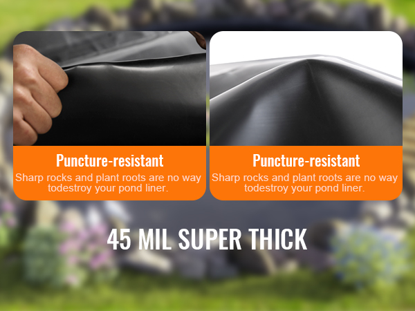 VEVOR dīķa oderējums, 45 mil biezs, izturīgs pret plīsumiem un caurdurumiem, piemērots visiem gadalaikiem.