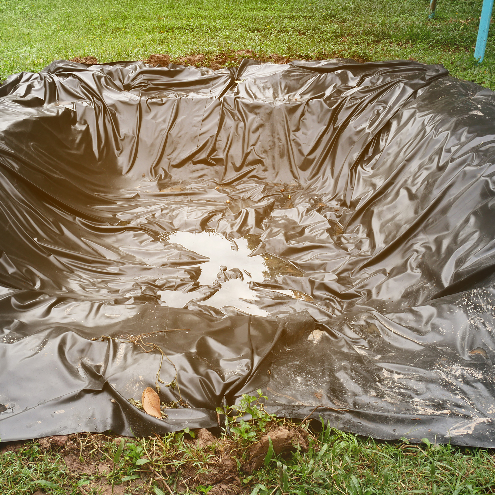 black VEVOR pond liner installed in a dug-out hole on grassy ground with puddles of water.