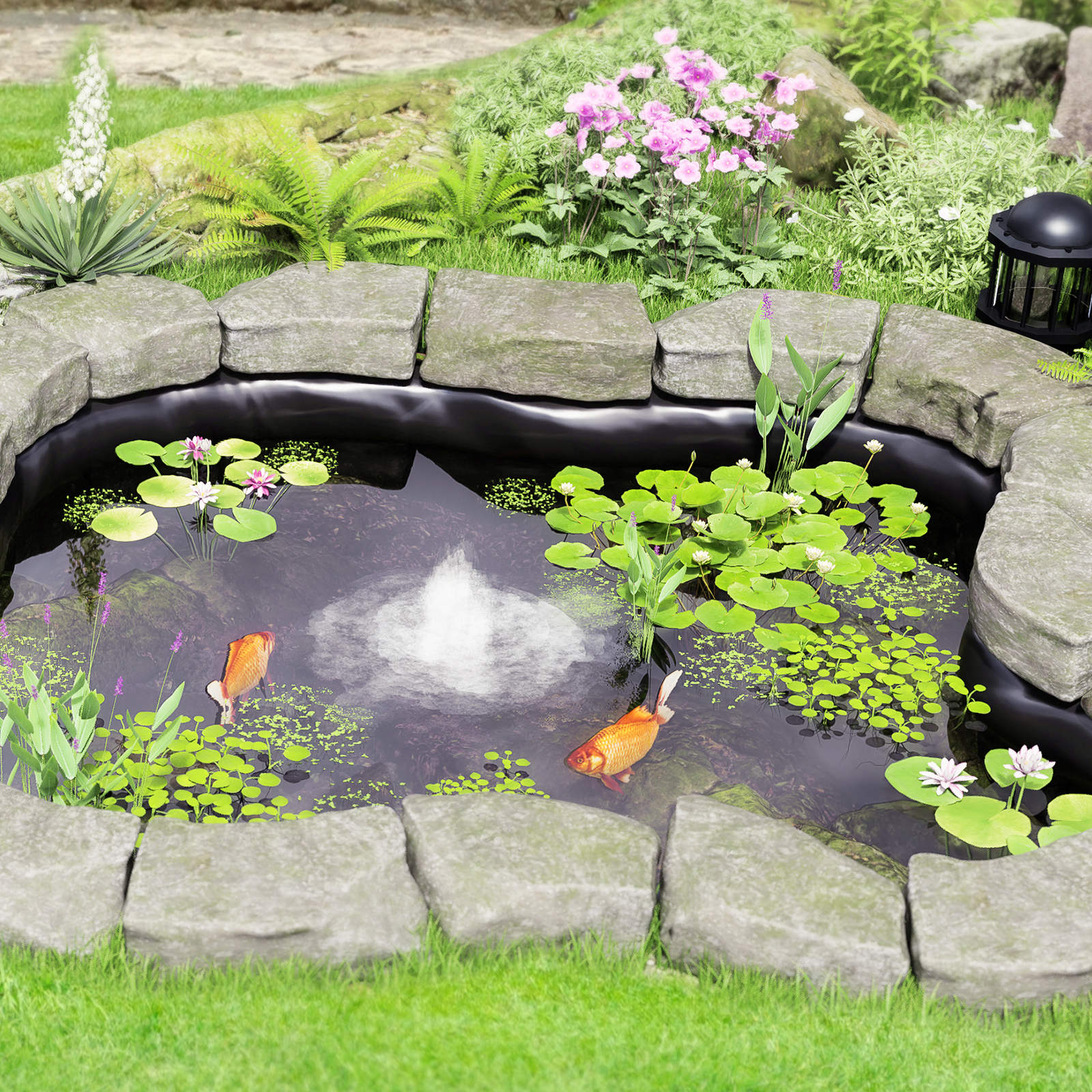 small garden pond with stone border, VEVOR pond liner, water lilies, fountain, koi fish, and lush greenery.