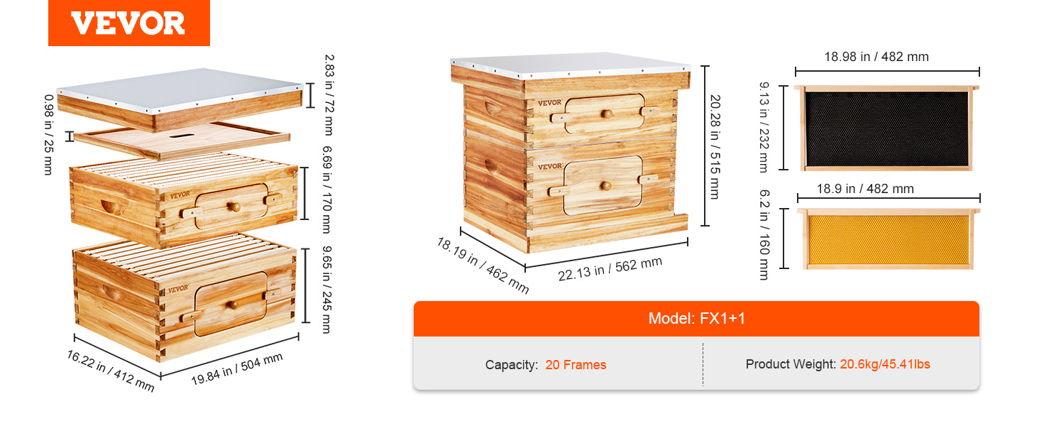 VEVOR bee hive starter kit with 20 frames, detailed dimensions, and model fx1+1. weight: 20.6kg.