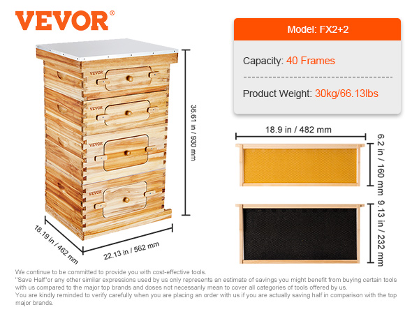 VEVOR bee hive kit model fx2+2, 40 frames, 30kg, wooden hive dimensions and components.