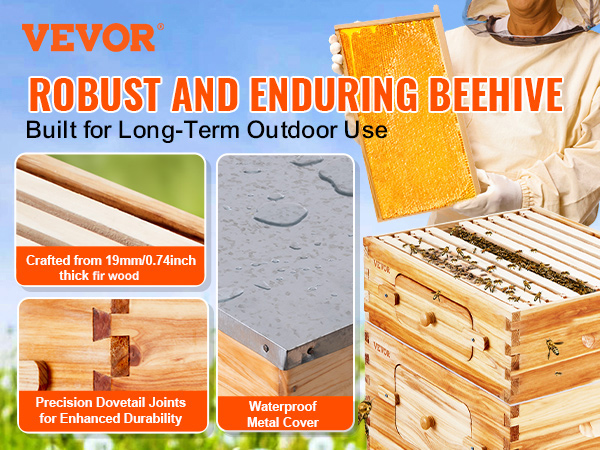 VEVOR bee hive kit with dovetail joints, cedar wood structure, and waterproof metal cover suitable for outdoors.