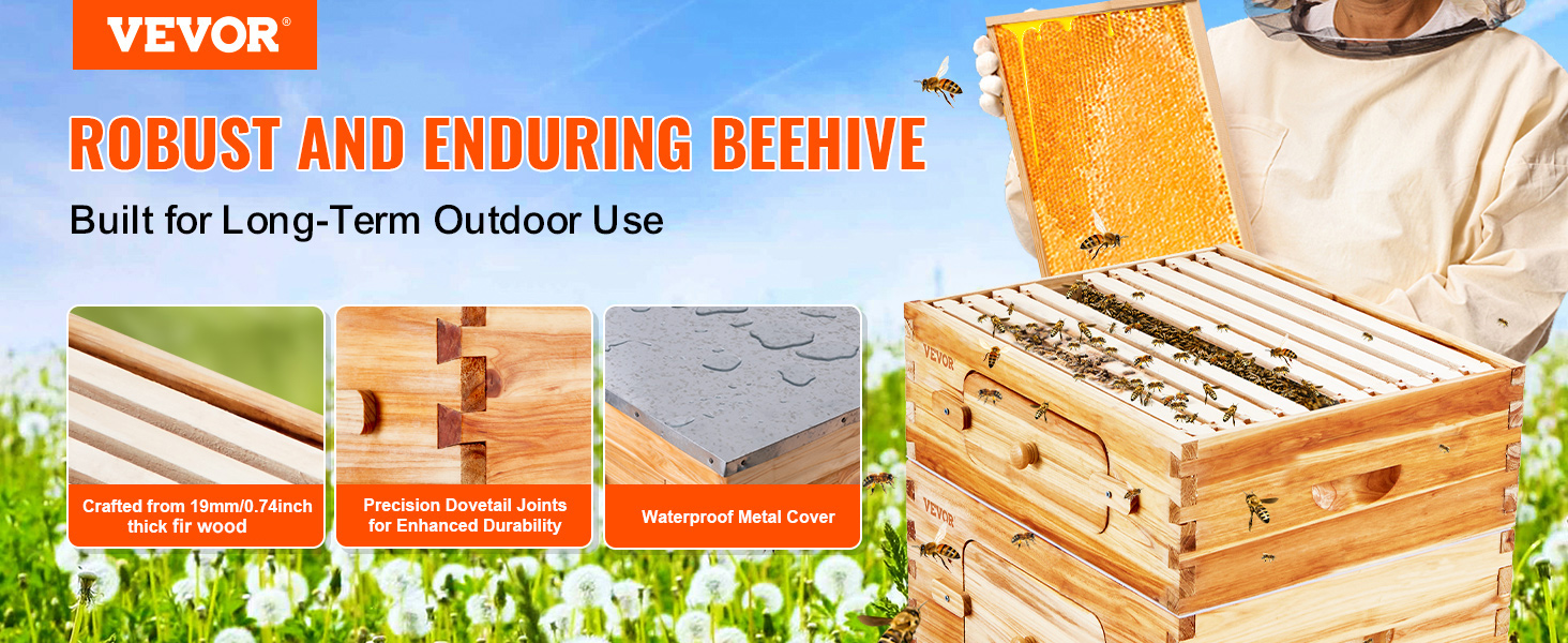 VEVOR bee hive kit with dovetail joints, cedar wood structure, and waterproof metal cover suitable for outdoors.