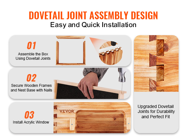 dovetail joint assembly design for VEVOR bee hive kit with easy installation steps.