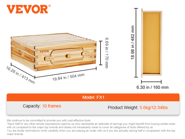 VEVOR beehive kit dimensions and details shown, including 10 frames and weight of 5.6kg/12.34lbs. model fx1.