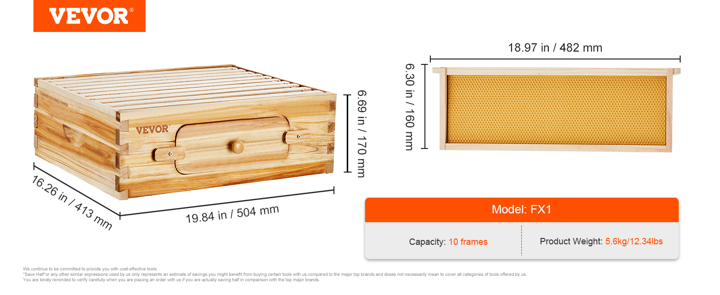 VEVOR beehive kit dimensions and details shown, including 10 frames and weight of 5.6kg/12.34lbs. model fx1.