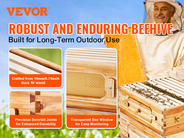 VEVOR beehive kit with cedar wood, dovetail joints, and bee monitoring window in blooming meadow.
