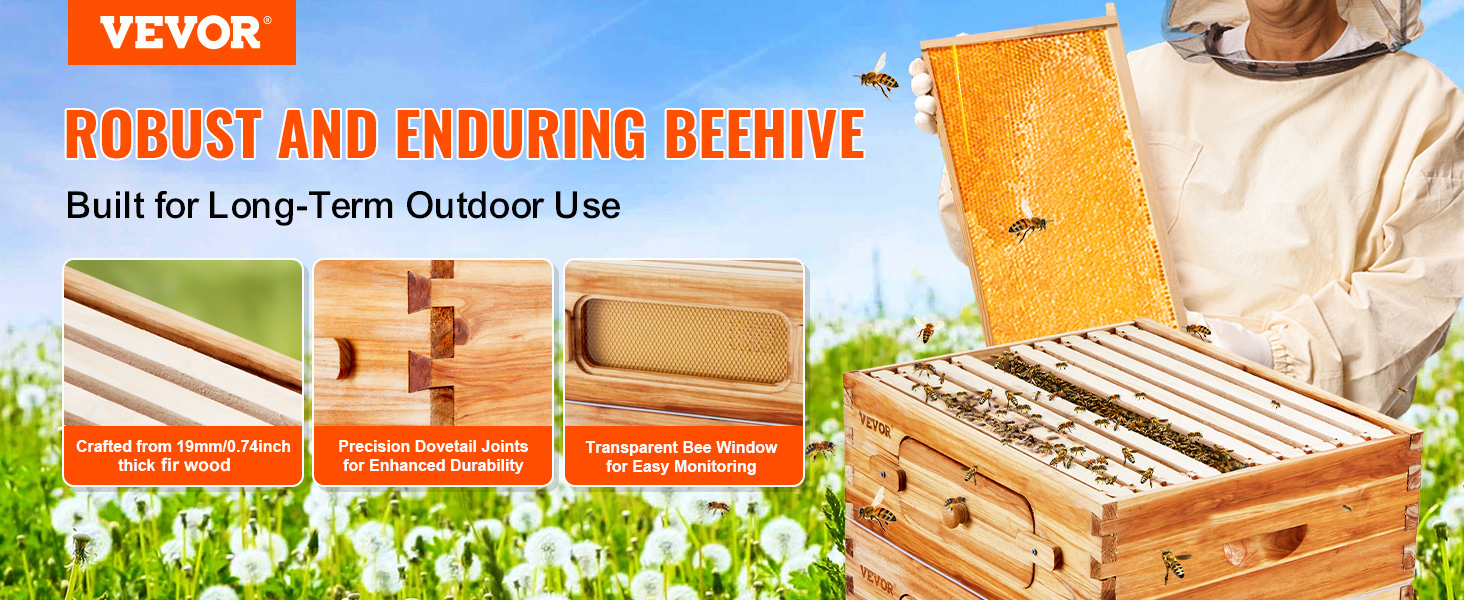 VEVOR beehive kit with cedar wood, dovetail joints, and bee monitoring window in blooming meadow.
