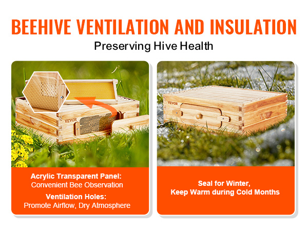 VEVOR beehive kit with acrylic panel and ventilation holes for optimal bee observation and insulation.