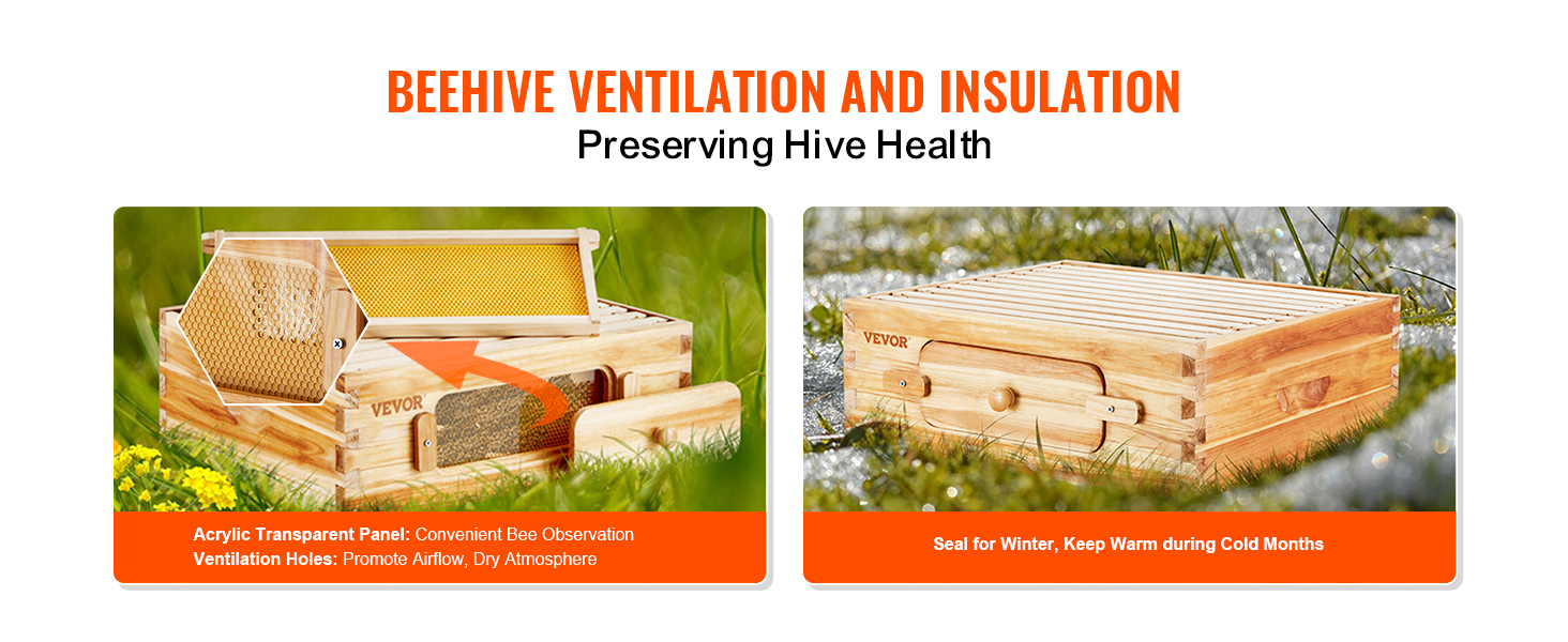 VEVOR beehive kit with acrylic panel and ventilation holes for optimal bee observation and insulation.