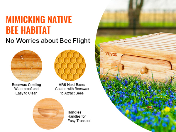 VEVOR beehive kit with beeswax coating, abs nest base, and handles for easy transport in a field.