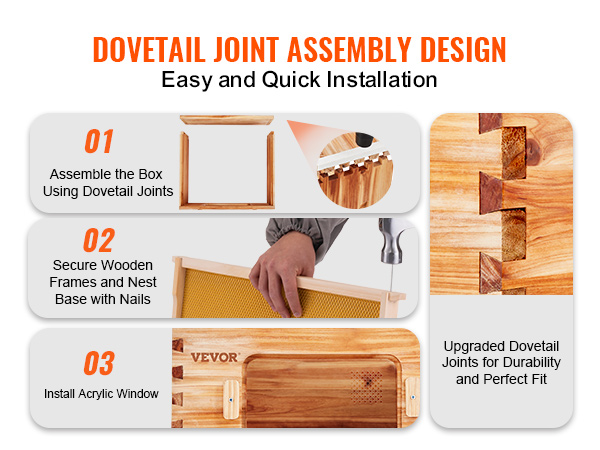 VEVOR beehive kit: dovetail joint assembly, securing frames, installing acrylic window for easy setup.