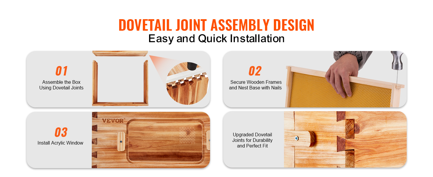 VEVOR beehive kit: dovetail joint assembly, securing frames, installing acrylic window for easy setup.