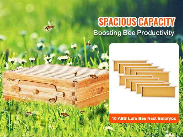 VEVOR beehive kit on a grassy field, showcasing spacious wooden hive and 10 abs lure bee nest embryos.