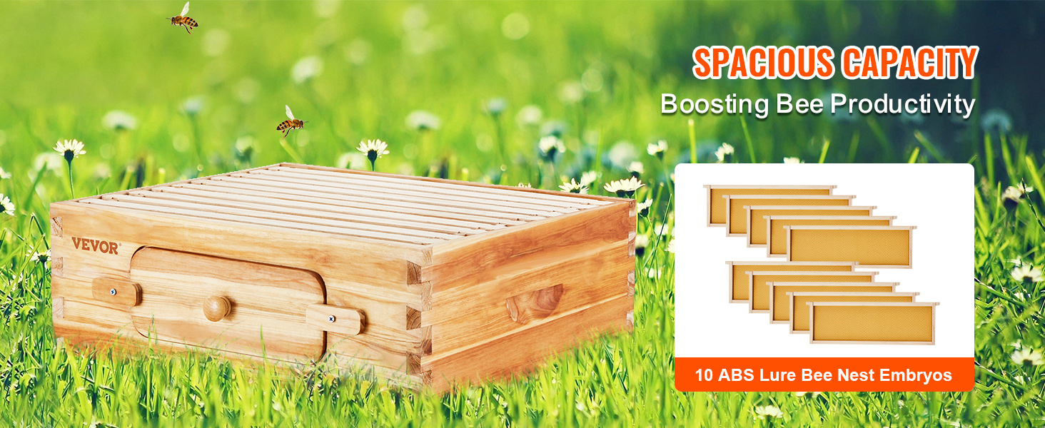 VEVOR beehive kit on a grassy field, showcasing spacious wooden hive and 10 abs lure bee nest embryos.