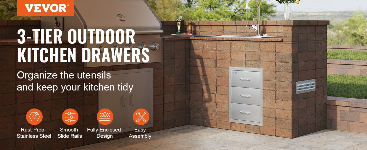 VEVOR stainless steel chest of drawers in an outdoor kitchen, organized with utensils.